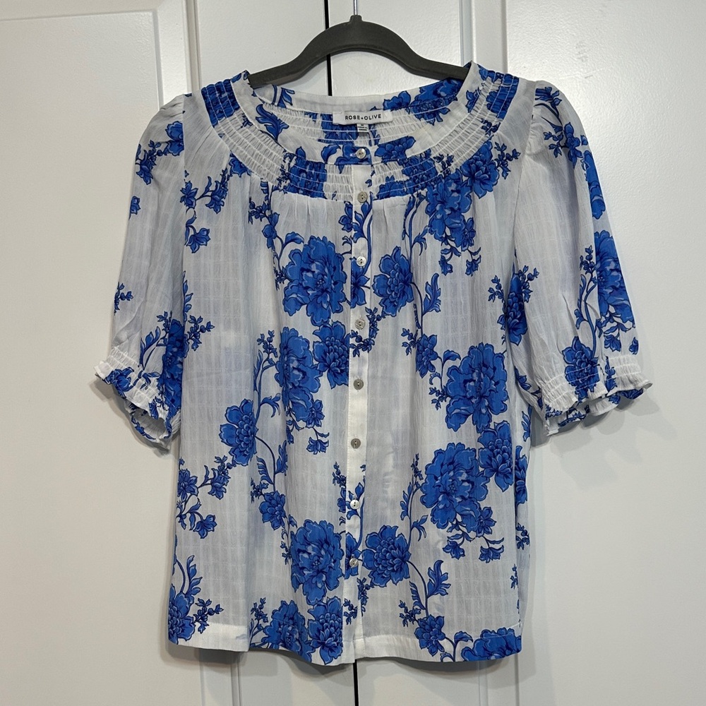 Rose & Olive White and Blue Floral Blouse